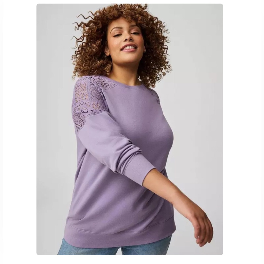 Torrid Size 2x Crochet Lacey Shoulder Crew Sweatshirt Dusky Mauve Purple